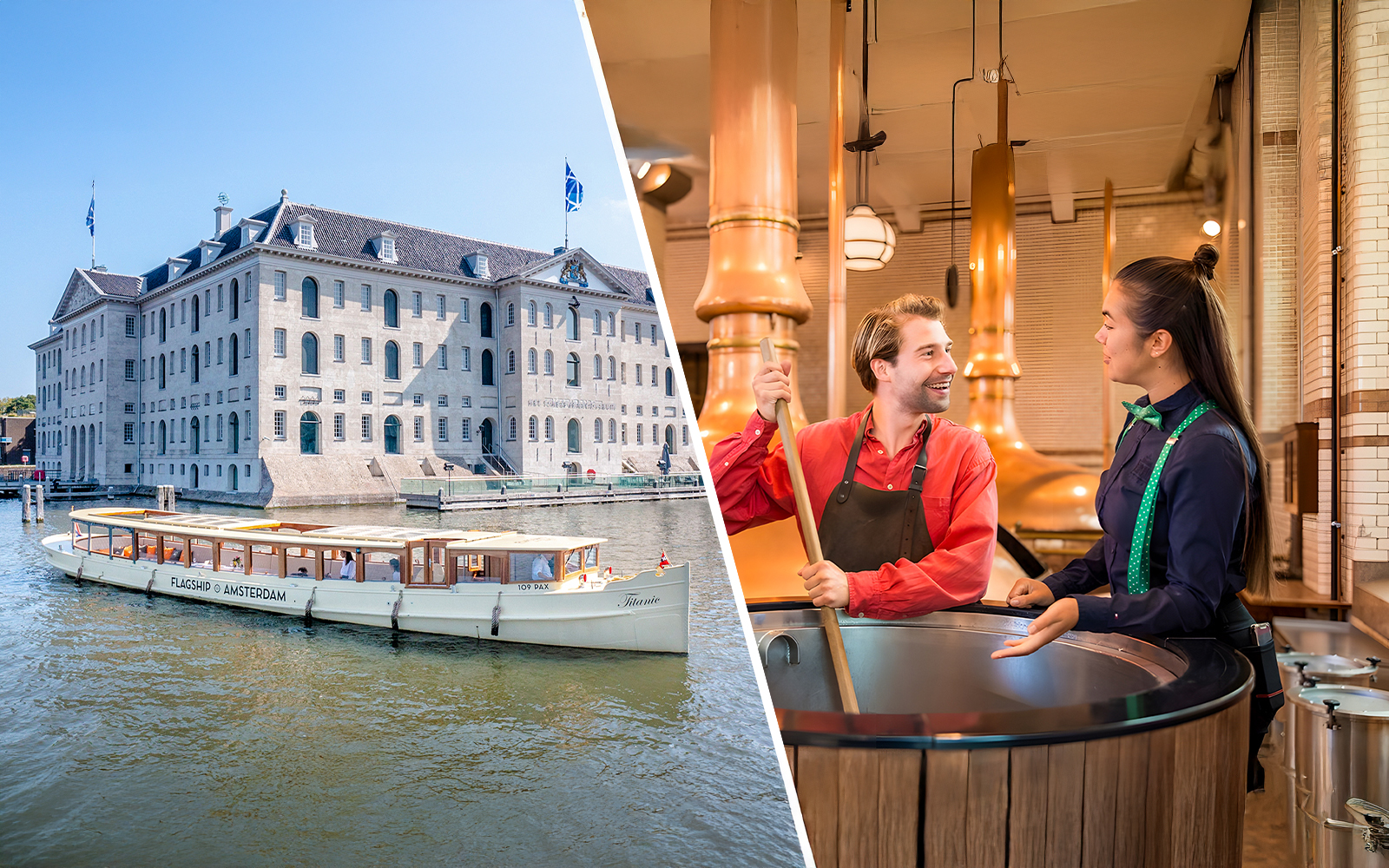 Amsterdam canal cruise boat near historic building and brewery tour with guides.