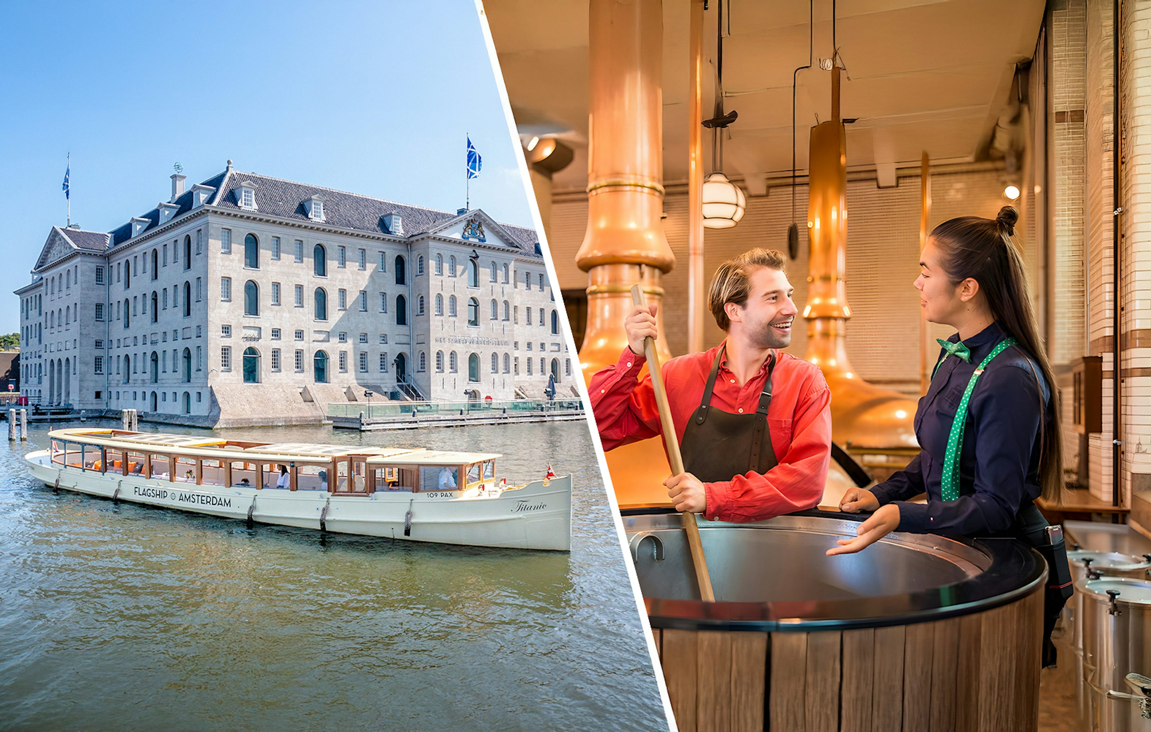 Amsterdam canal cruise boat near historic building and brewery tour with guides.
