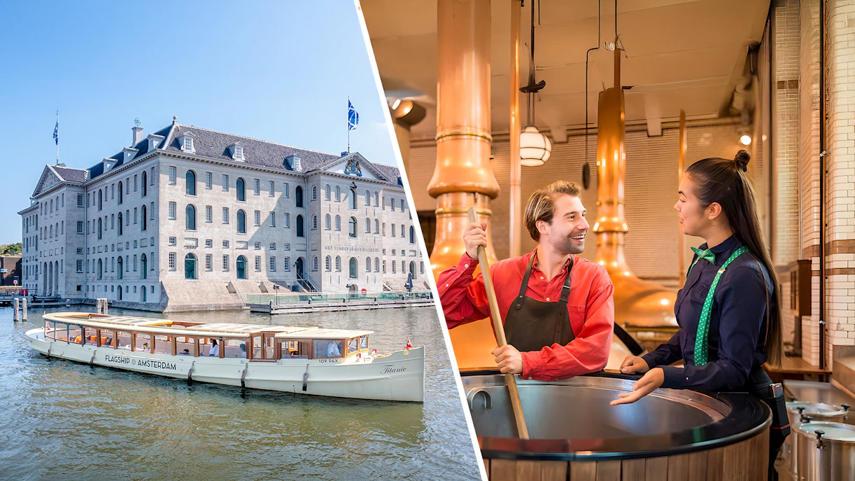 Amsterdam canal cruise boat near historic building and brewery tour with guides.