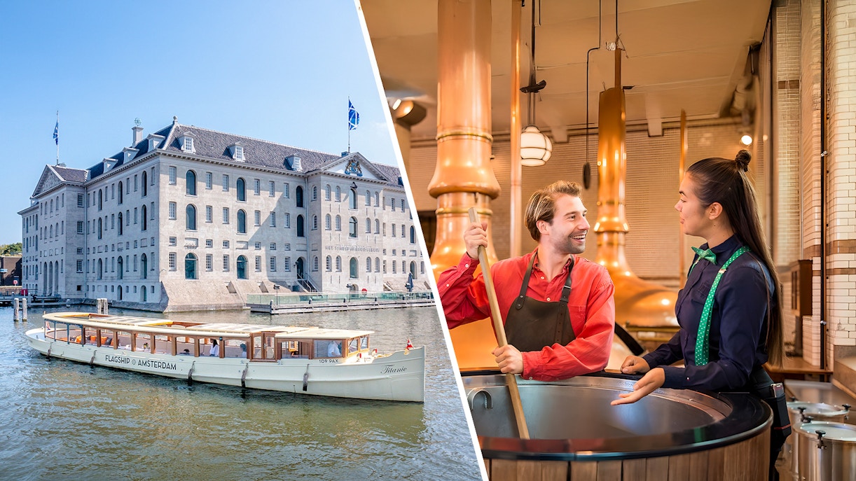 Amsterdam canal cruise boat near historic building and brewery tour with guides.