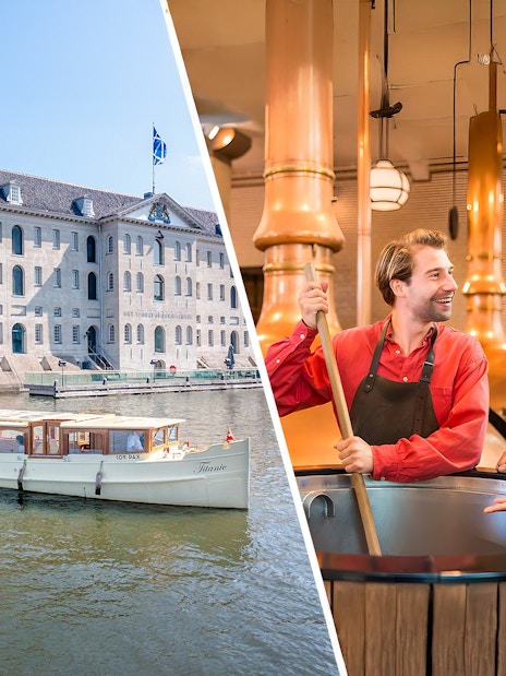 Amsterdam canal cruise boat near historic building and brewery tour with guides.