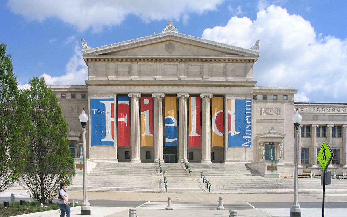 Field Museum of Natural History entrance with columns and banners in Chicago.