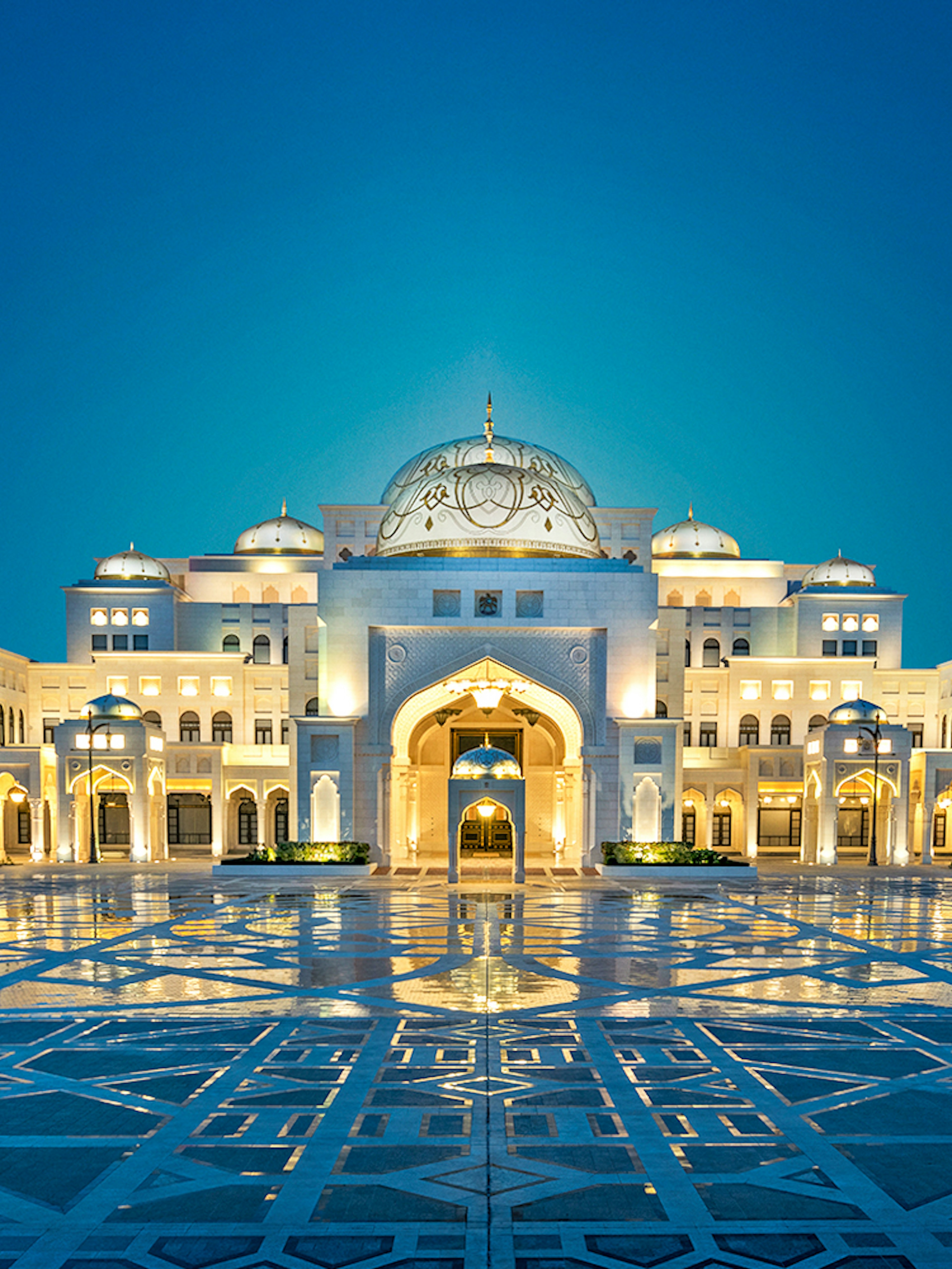 Qasr al Watan palace illuminated at night, Abu Dhabi.