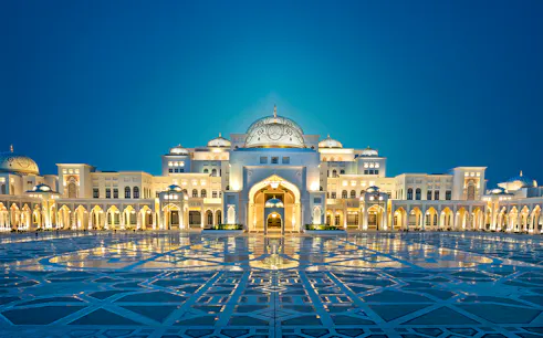 Qasr al Watan palace illuminated at night, Abu Dhabi.