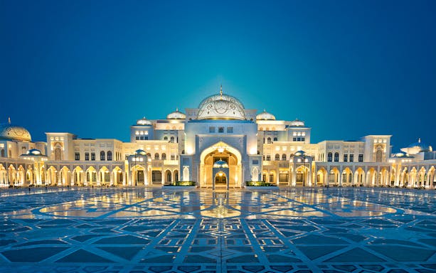 Qasr al Watan palace illuminated at night, Abu Dhabi.