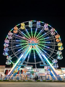 Old Town Ferris Wheel lit up at night in Orlando.