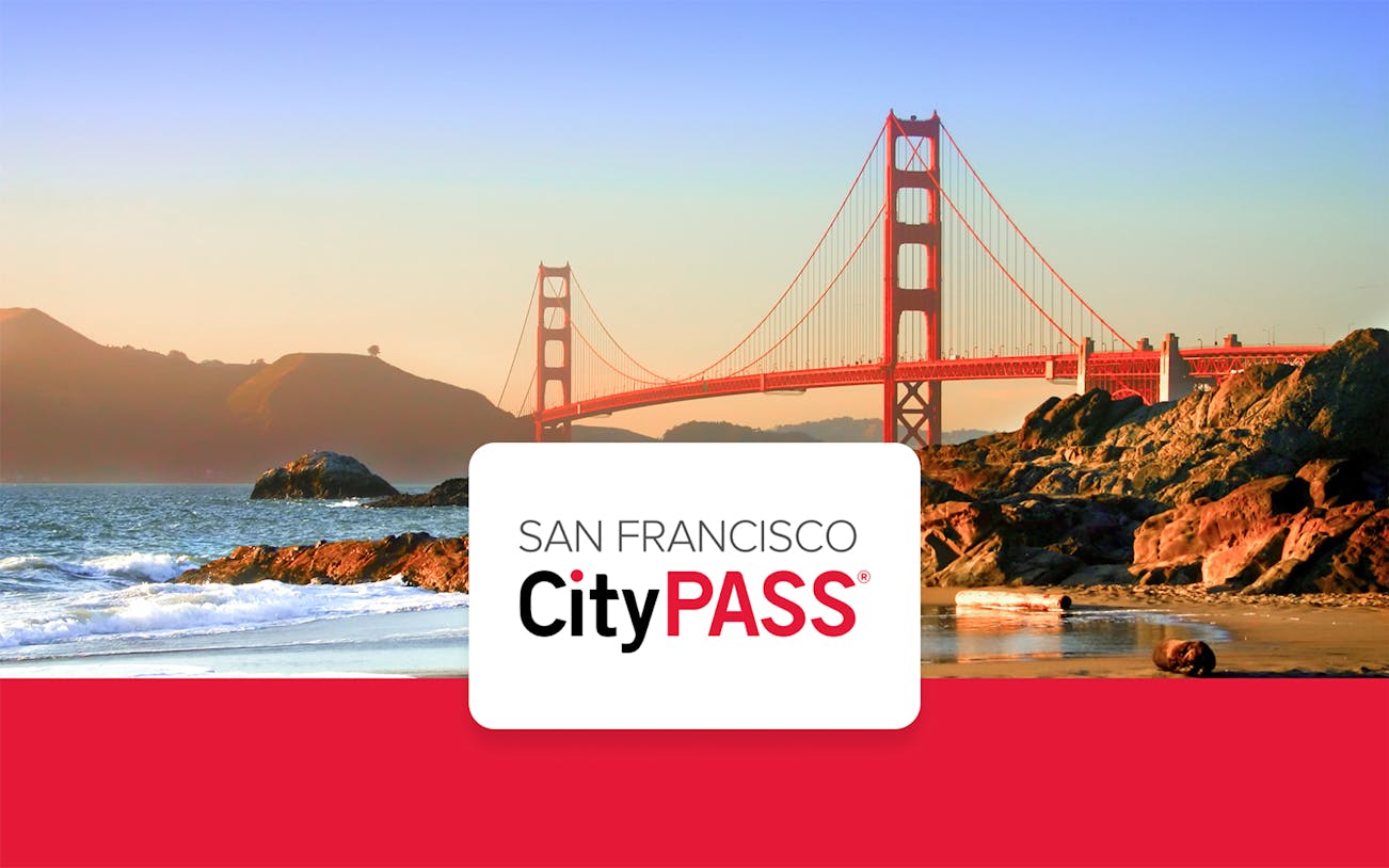 Golden Gate Bridge at sunset with San Francisco CityPASS® logo.