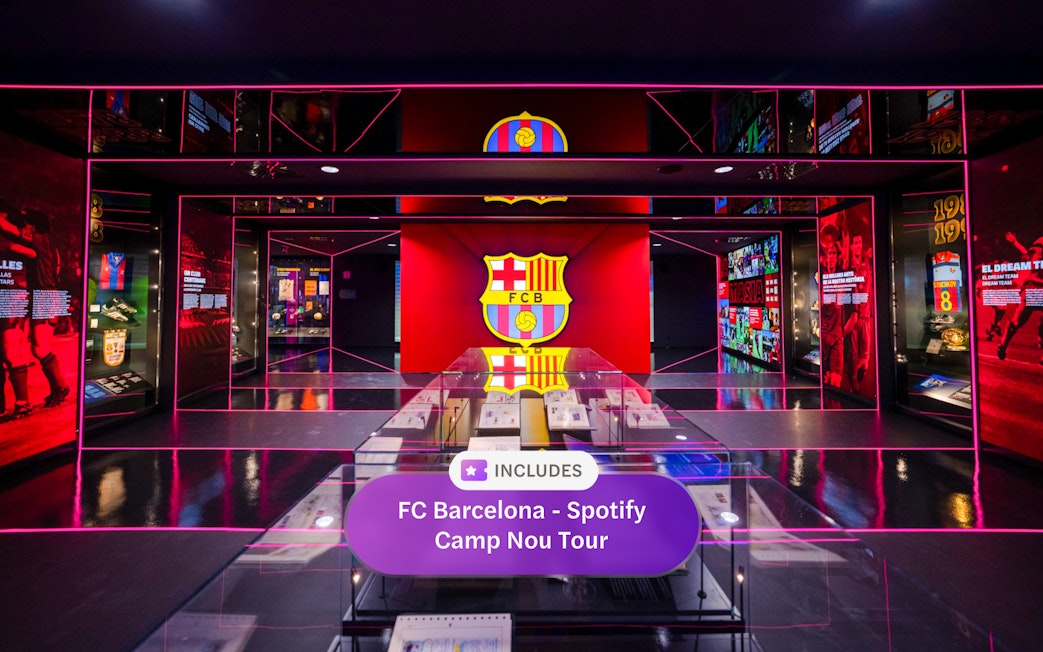 FC Barcelona museum exhibit at Spotify Camp Nou with team memorabilia.