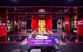 FC Barcelona museum exhibit at Spotify Camp Nou with team memorabilia.
