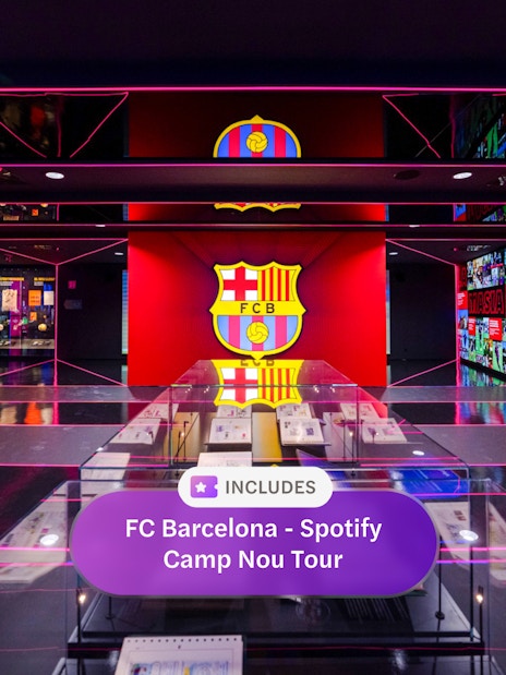 FC Barcelona museum exhibit at Spotify Camp Nou with team memorabilia.