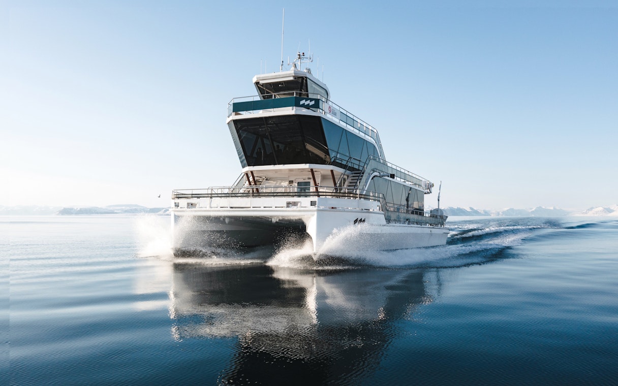 Cruise ship on Lysefjord near Pulpit Rock, Stavanger, Norway.