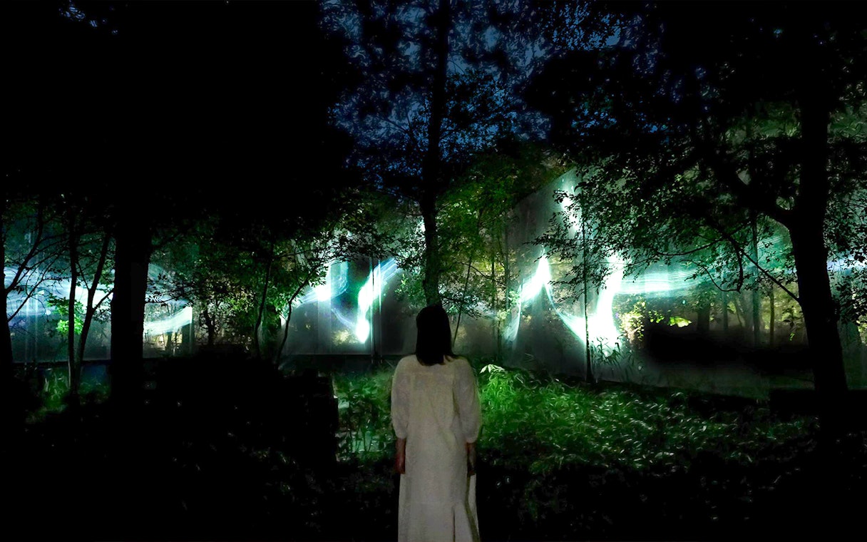 Visitor observing illuminated art installation at TeamLab Botanical Garden.