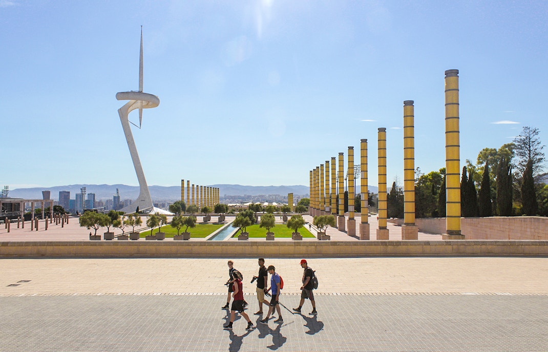 Barcelona Olympic Stadium with iconic Olympic Ring in Anella Olímpica, Montjuïc, Spain.