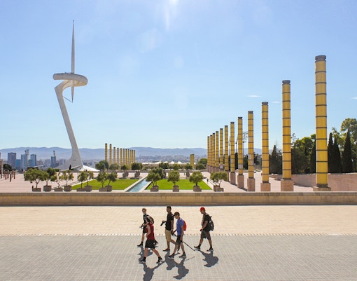 Barcelona Olympic Stadium with iconic Olympic Ring in Anella Olímpica, Montjuïc, Spain.