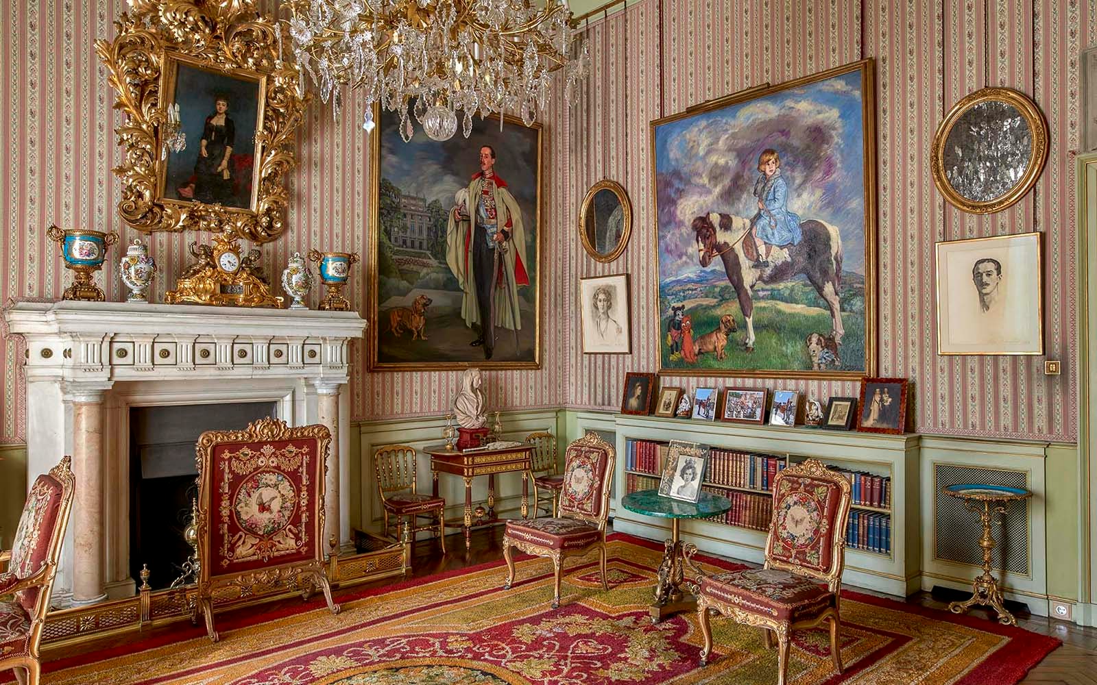 Liria Palace interior with ornate ceiling and chandeliers in Madrid, Spain.