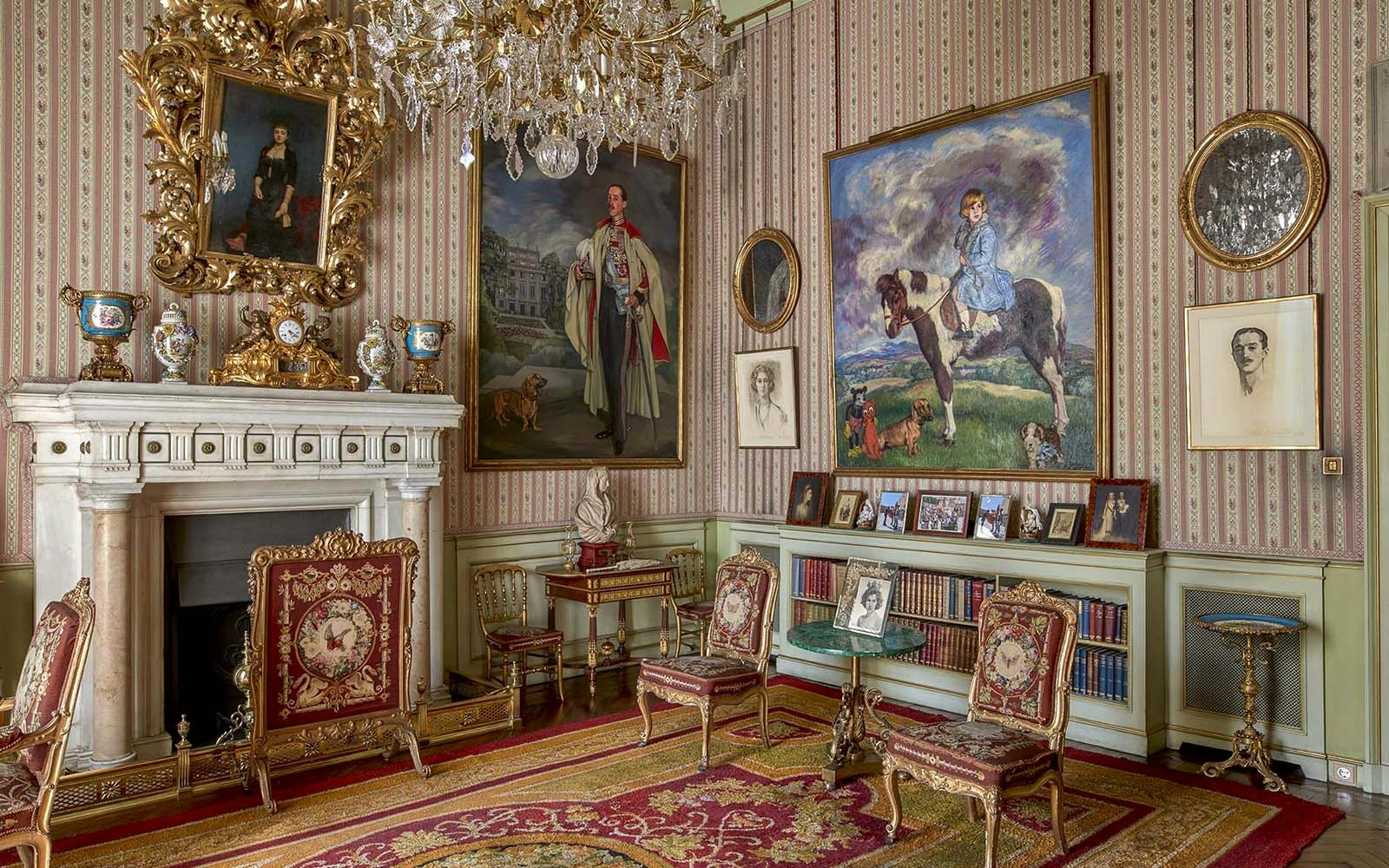 Liria Palace interior with ornate ceiling and chandeliers in Madrid, Spain.
