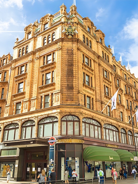 Harrods department store exterior in London, part of the Magic of London Tour.