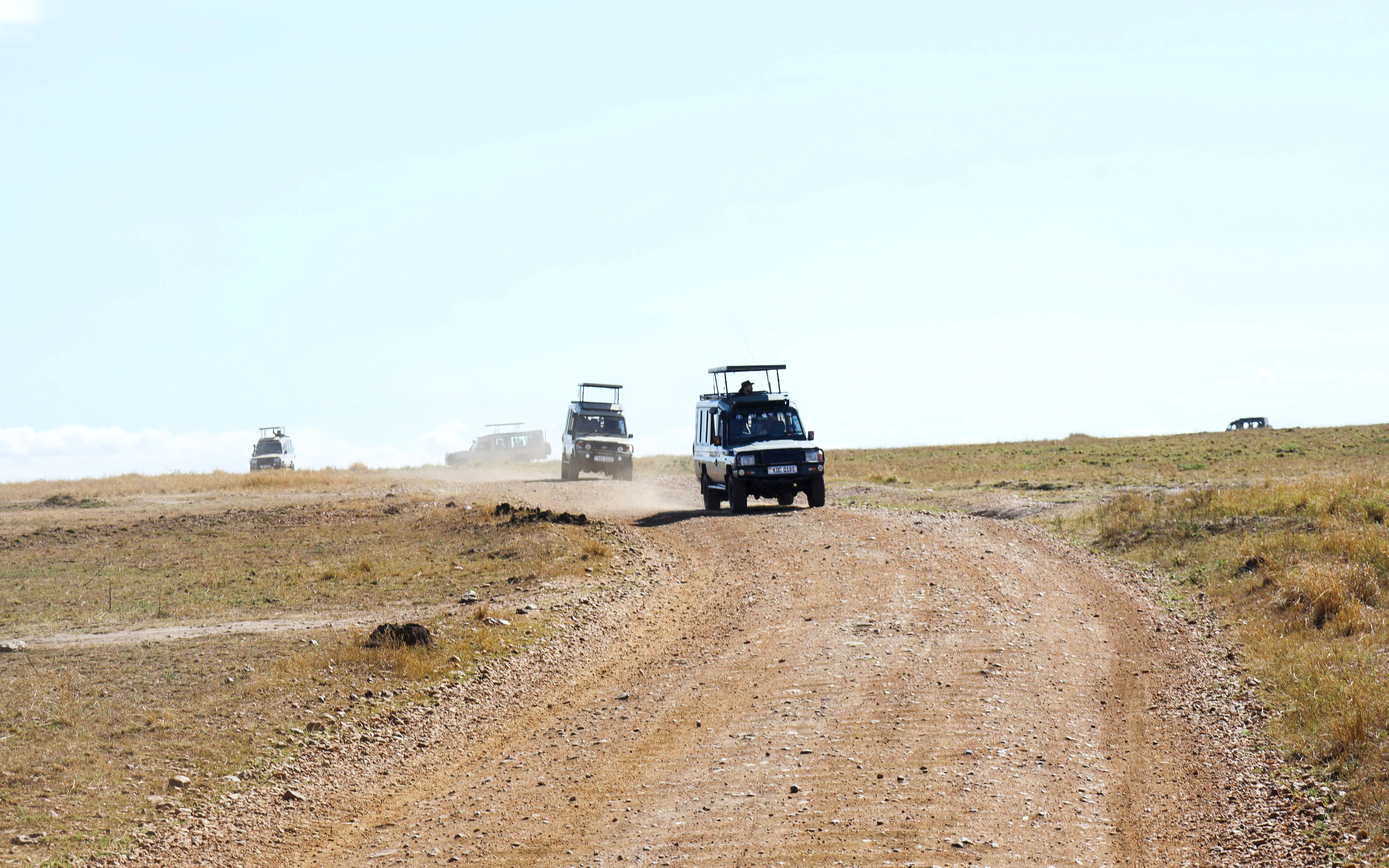 Safari jeeps driving on a dirt road in Masai Mara, Kenya.