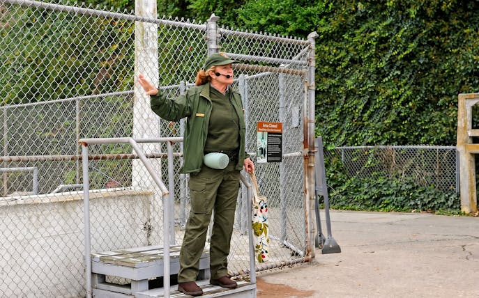 Ranger speaking to guests during Behind The Scenes Tour on Alcatraz Island.
