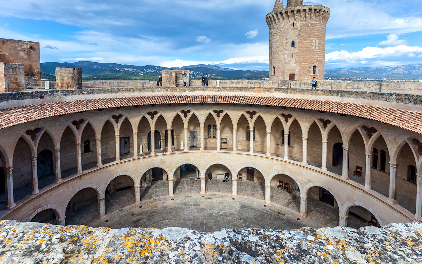 Bellver Castle's circular courtyard in Palma, Mallorca, seen on PalmaBus Excursion.