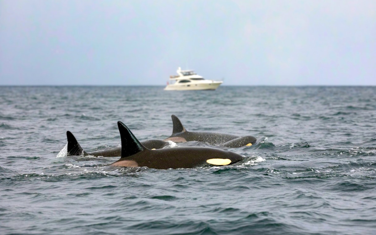 Orcas swimming near a yacht during Skjervoy Whale Watching Cruise.
