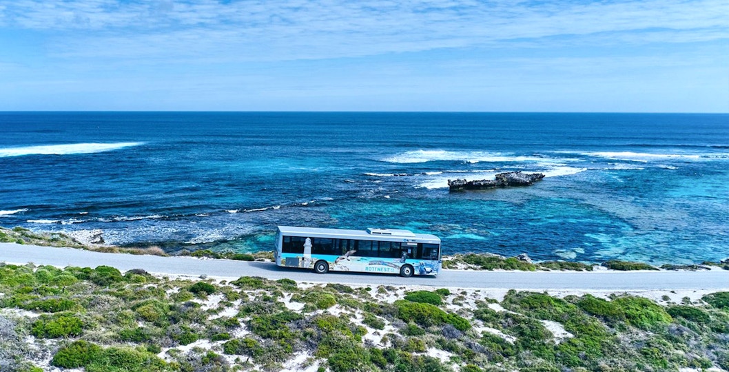 Groupe de touristes profitant d'une journée ensoleillée lors de la visite guidée en bus de l'île Rottnest, avec un ferry de retour visible à l'arrière-plan, au départ de Perth ou de Fremantle.