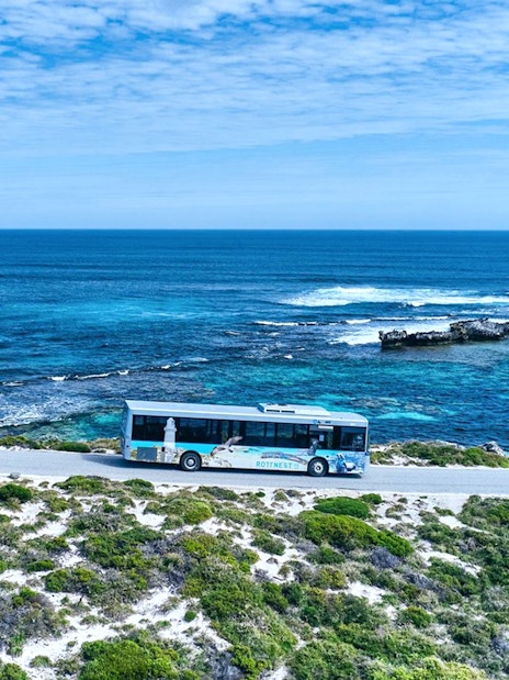 Bus on coastal road with ocean view, Rottnest Island tour, Western Australia.