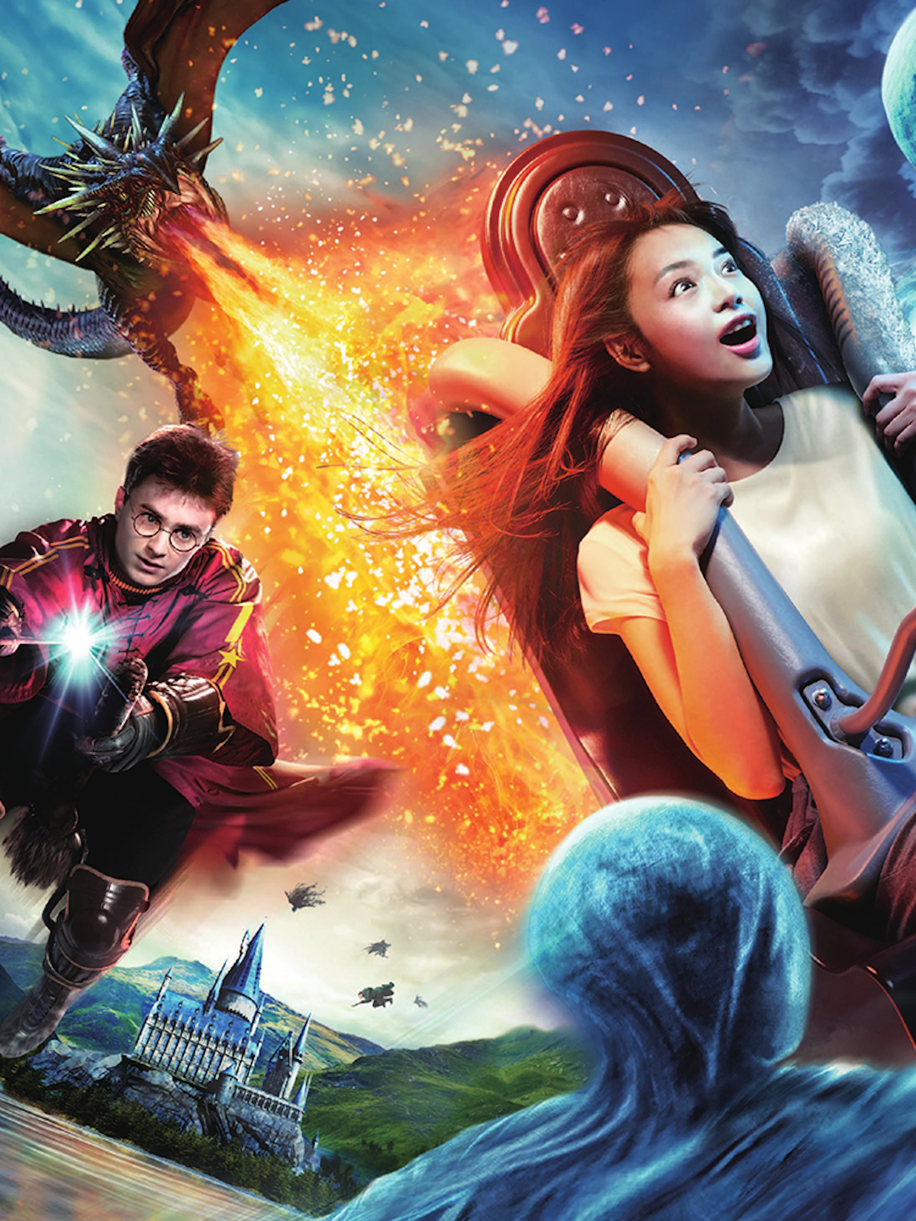 Visitor on Harry Potter and The Forbidden Journey ride at USJ with magical creatures.