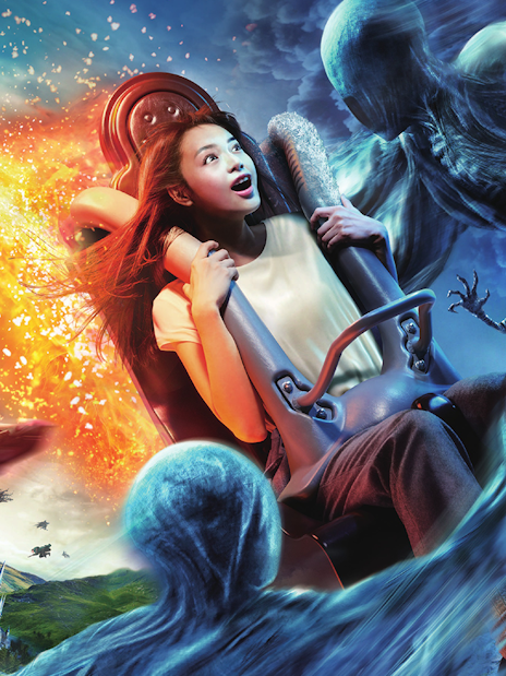 Visitor on Harry Potter and The Forbidden Journey ride at USJ with magical creatures.