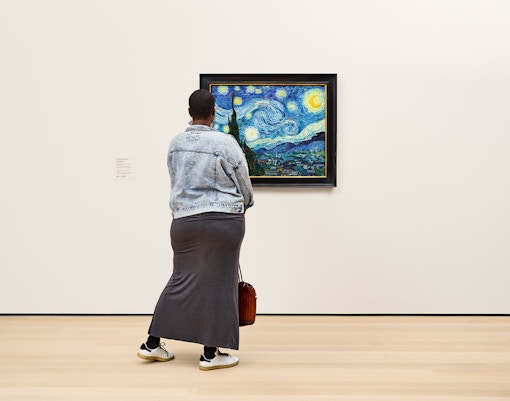 Visitor viewing Van Gogh's 'Starry Night' at MoMA, New York City.