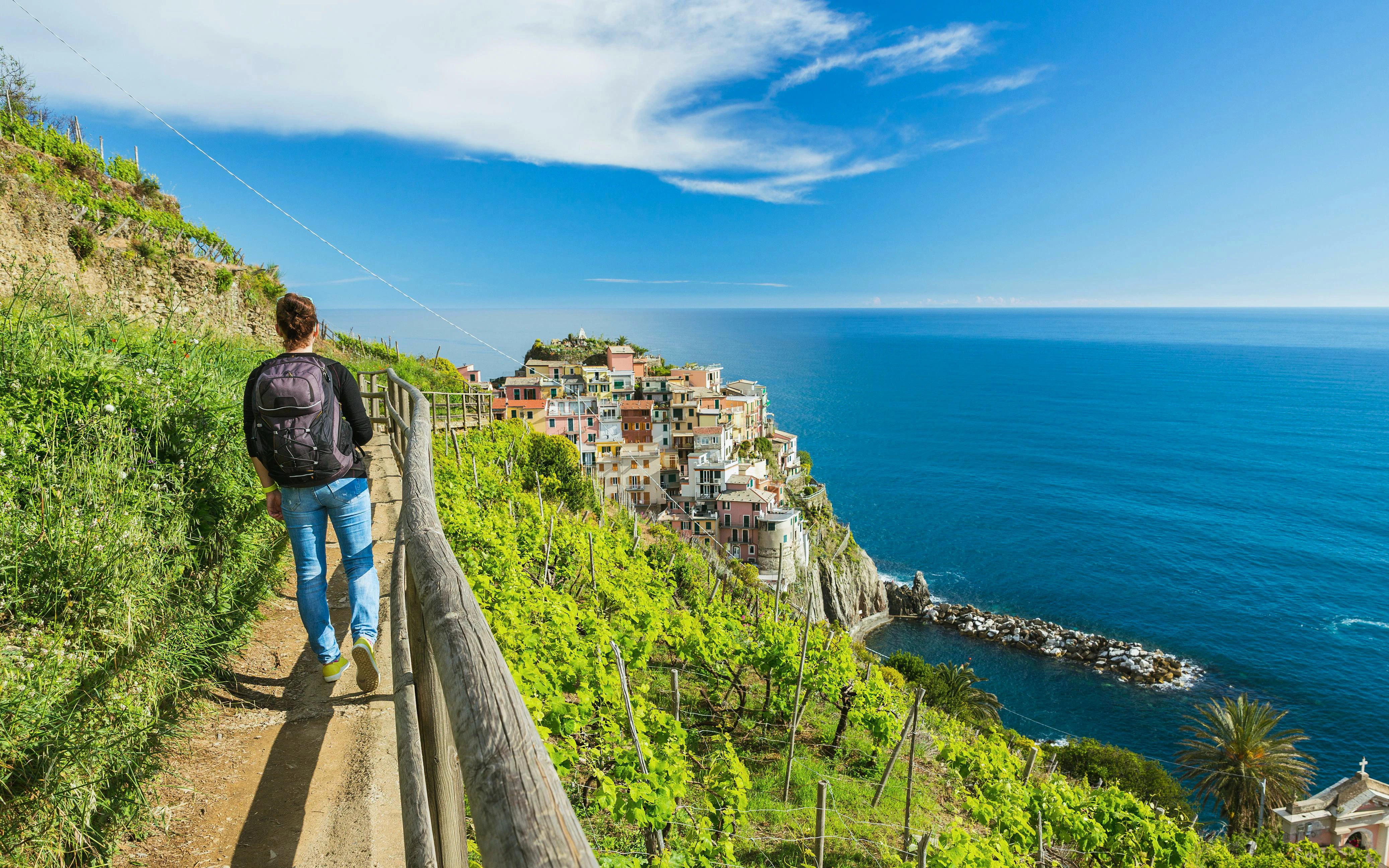 Woman hiking on vineyard path near Manarola, Cinque Terre, overlooking the sea.