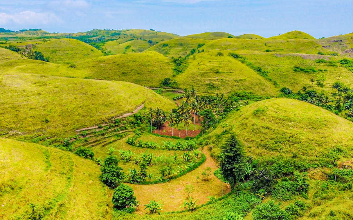 Tourists exploring Teletubbies Hill's lush green landscape, Nusa Penida, on a sunny day trip.