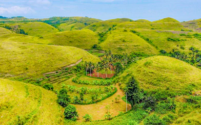 Tourists exploring Teletubbies Hill's lush green landscape, Nusa Penida, on a sunny day trip.