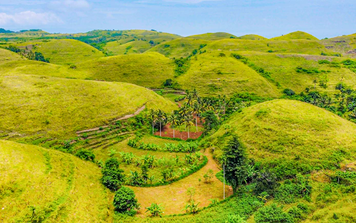 Tourists exploring Teletubbies Hill's lush green landscape, Nusa Penida, on a sunny day trip.