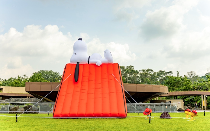Snoopy inflatable tent at Singapore Zoo with surrounding greenery.