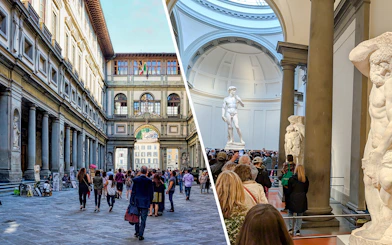 Bearded Slave sculpture in Accademia Gallery, Florence, with visitors viewing nearby.