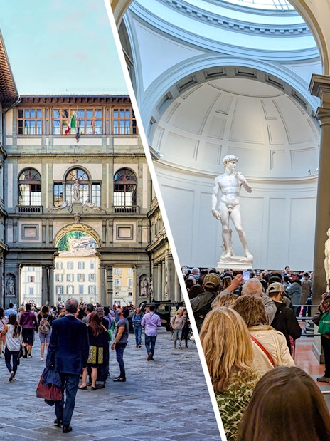 Bearded Slave sculpture in Accademia Gallery, Florence, with visitors viewing nearby.