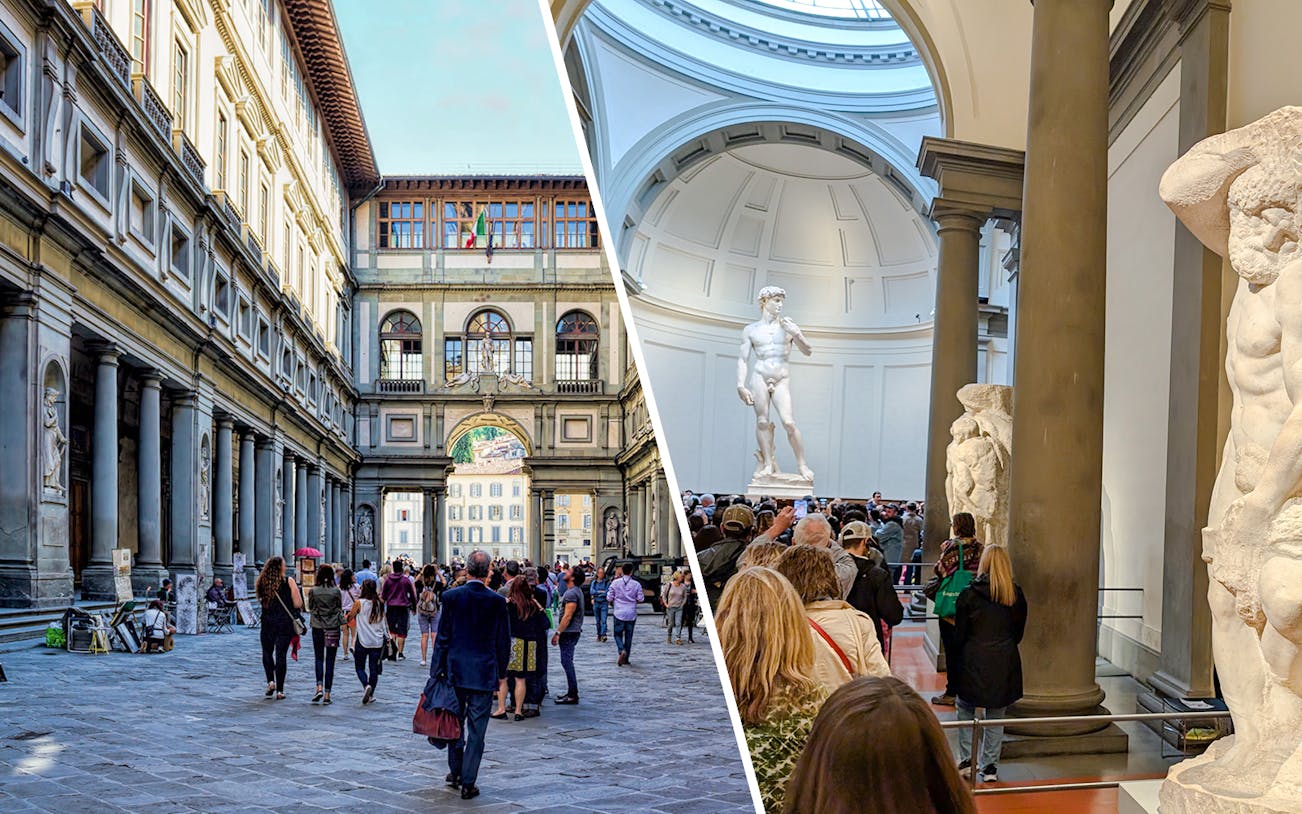 Bearded Slave sculpture in Accademia Gallery, Florence, with visitors viewing nearby.