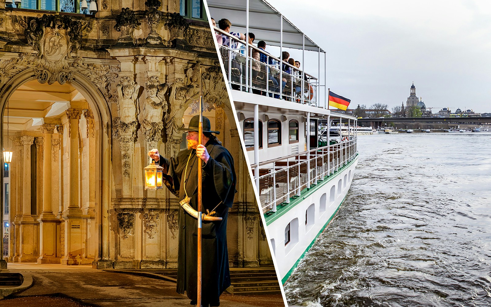 Night watchman with lantern at historic building and Elbe River sightseeing cruise boat.