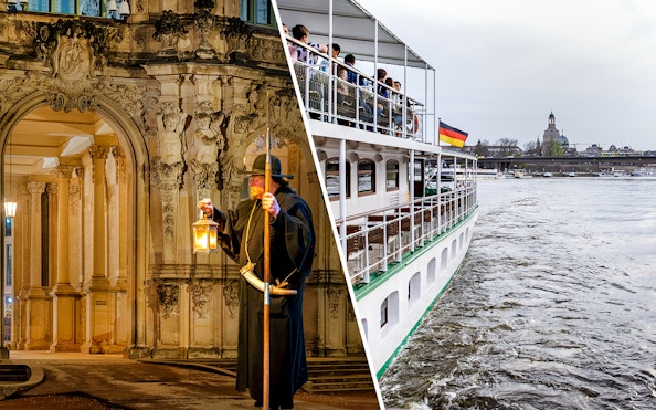 Night watchman with lantern at historic building and Elbe River sightseeing cruise boat.