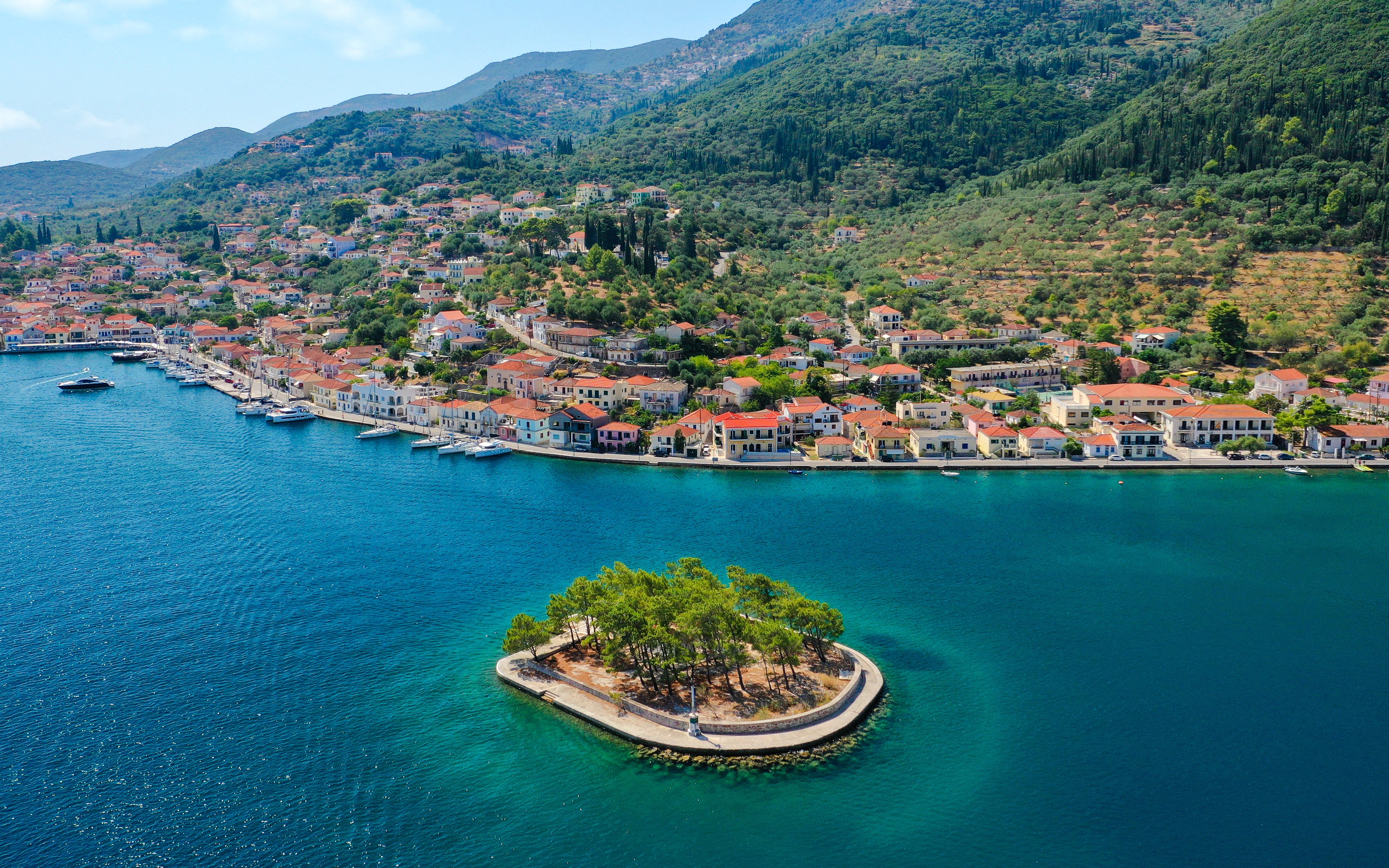 Aerial view of Vathy harbor and Loutsa islet on Ithaca island, Greece.