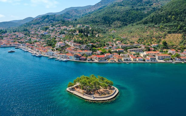 Aerial view of Vathy harbor and Loutsa islet on Ithaca island, Greece.
