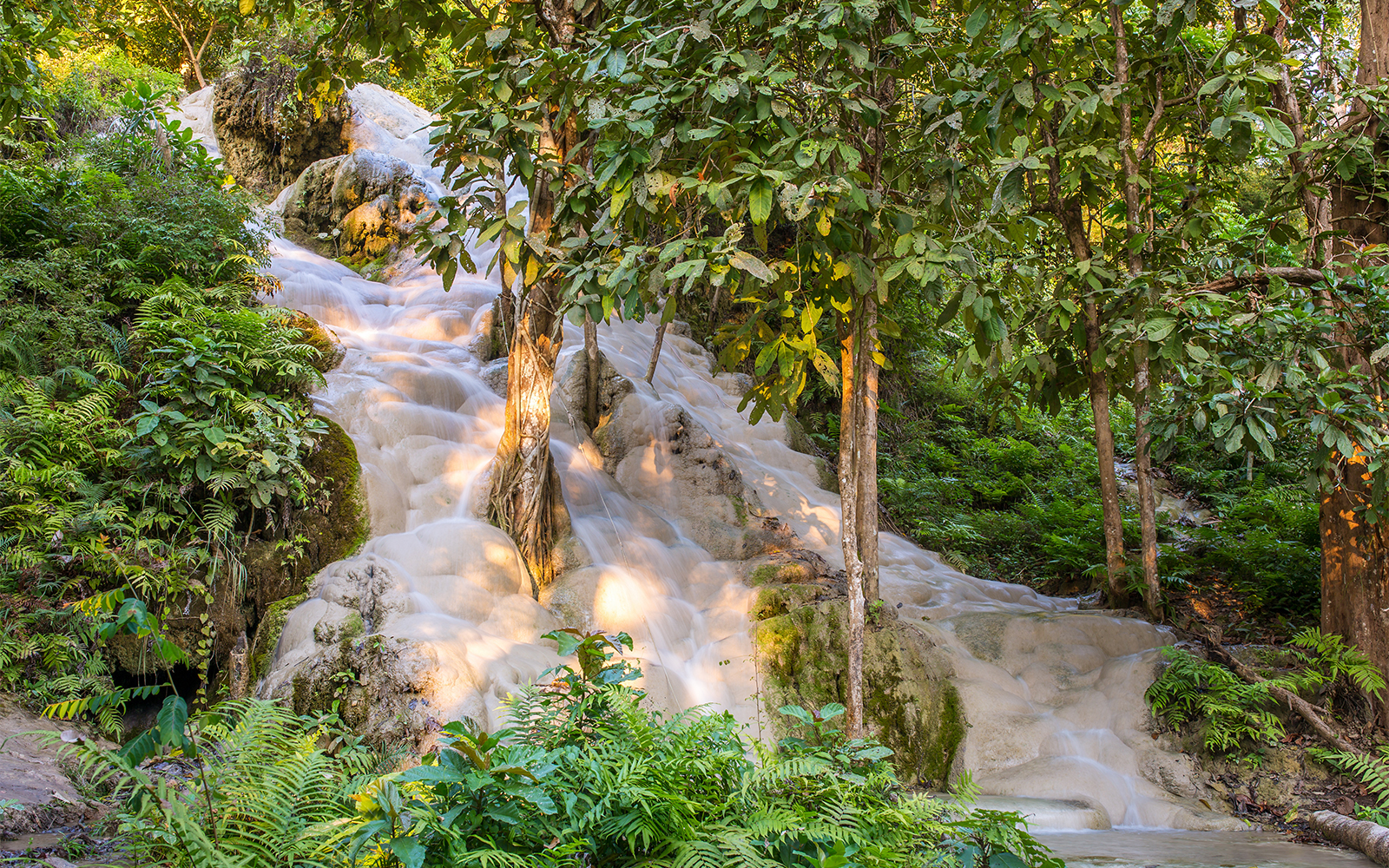 Water cascading over limestone rocks surrounded by lush greenery at Bua Thong Waterfalls, Thailand.