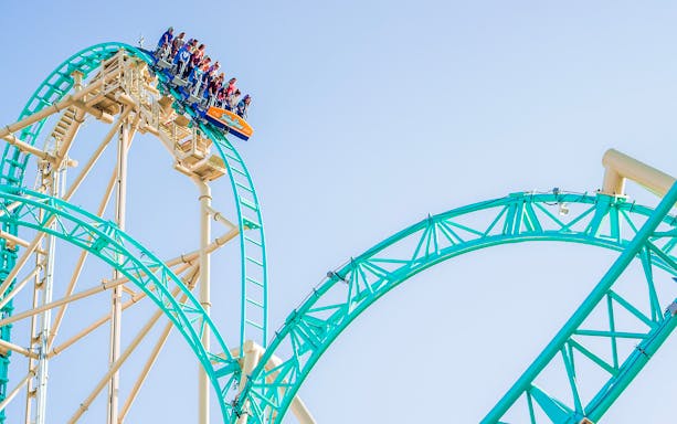 HangTime rollercoaster at Knott's Berry Farm with riders on a steep drop.