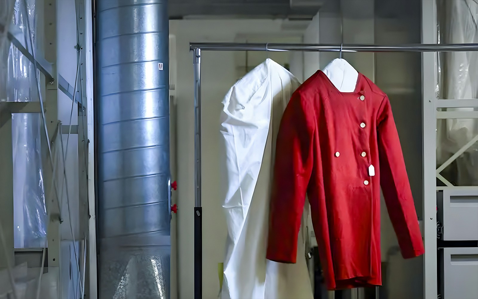 Red historical garment on display at Palais Galliera exhibit in Paris.