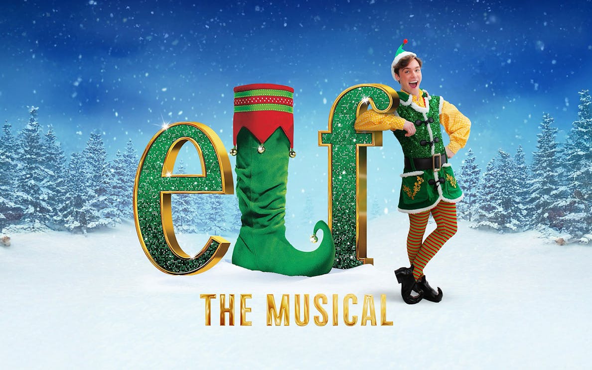 Elf: The Musical UK tour poster with snowy forest background.