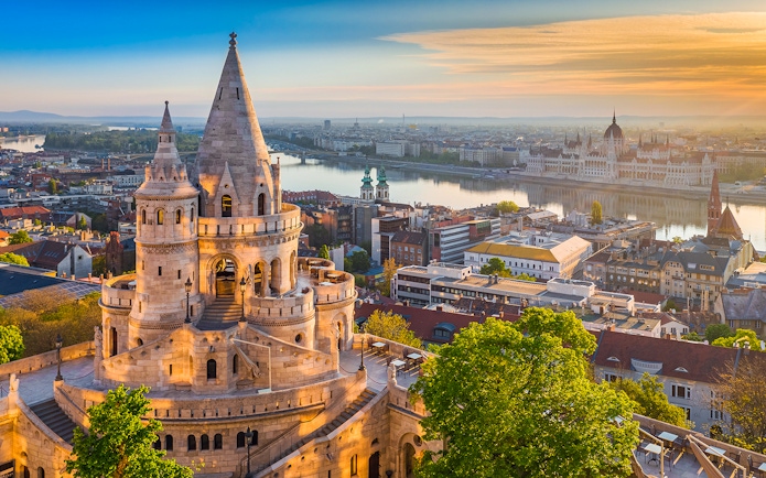 Fisherman's Bastion overlooking Budapest and the Danube River near Buda Castle.