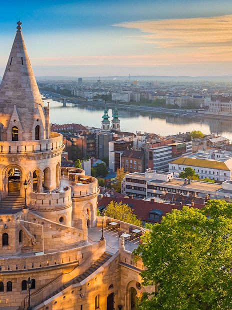 Fisherman's Bastion overlooking Budapest and the Danube River near Buda Castle.