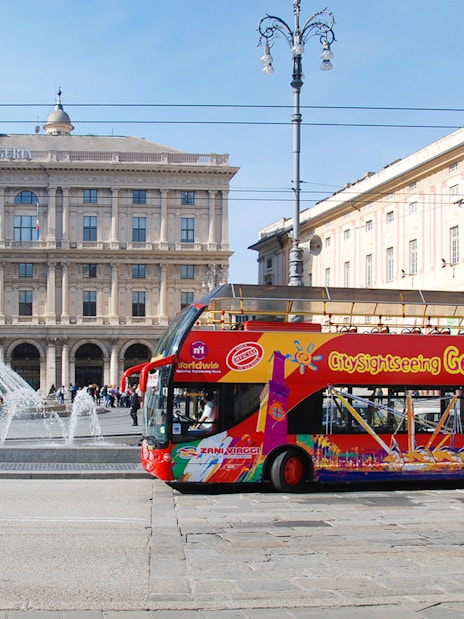 City Sightseeing Hop-On Hop-Off bus in front of Piazza De Ferrari, Genoa.