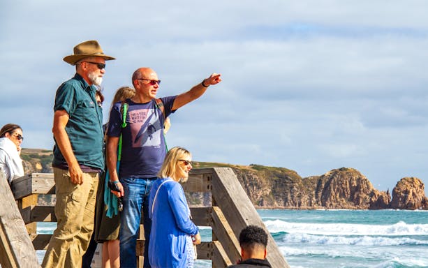 Tourists with guide overlooking ocean and cliffs at Cape Woolamai.